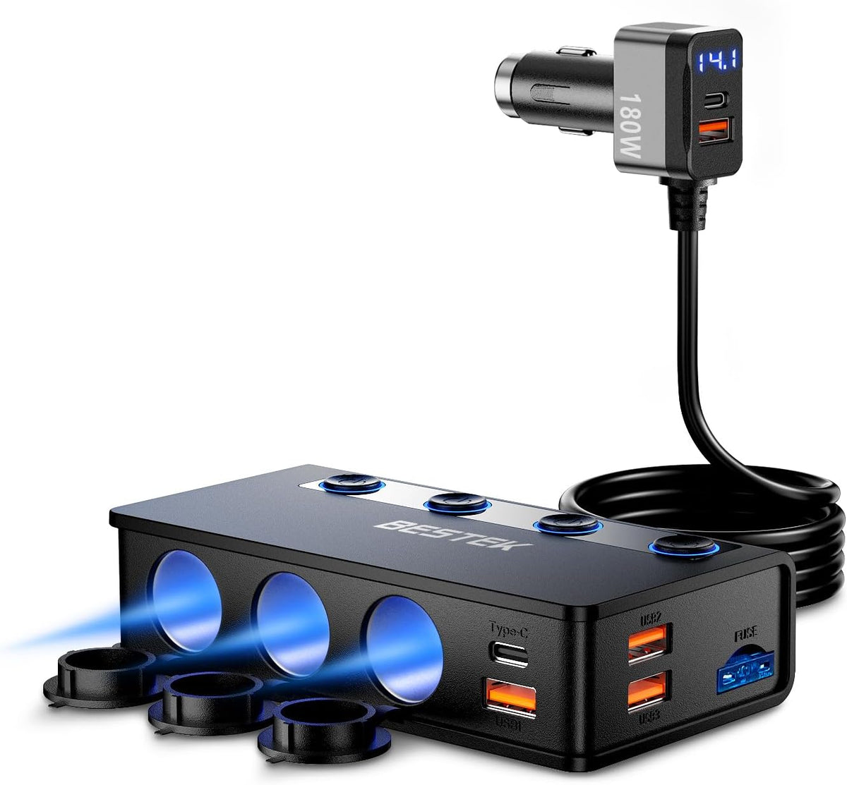 BESTEK 180W 3-Socket Cigarette Lighter Splitter with PD65W/QC3.0