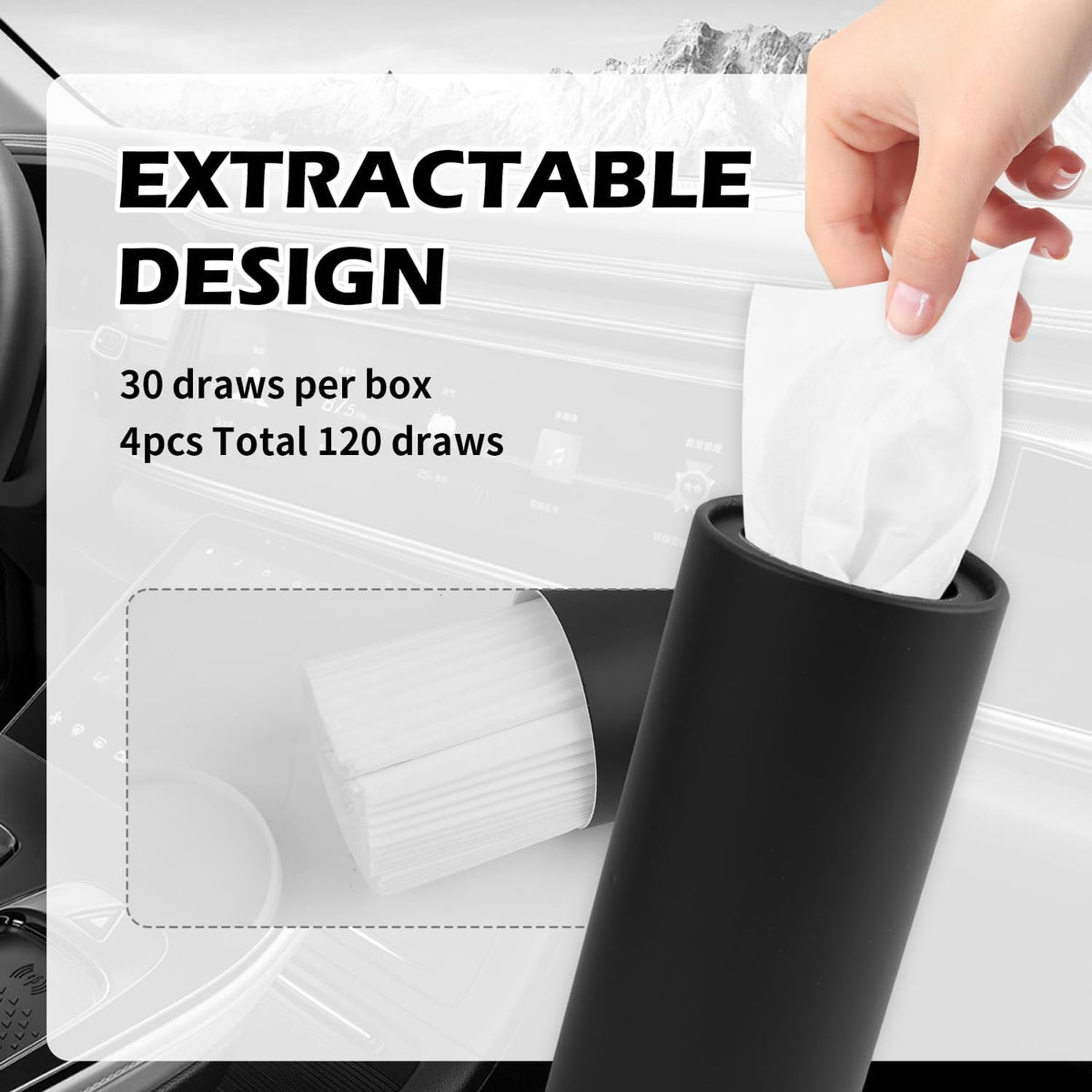 4PCS Pull Out Cars Tissue Holder,Refillable Car Tissues Cylinder with 30-Count Per Box,Multifunctional Car Tissue Box for Cars as Automotive Garbage Cans/Pen Holders (Black)