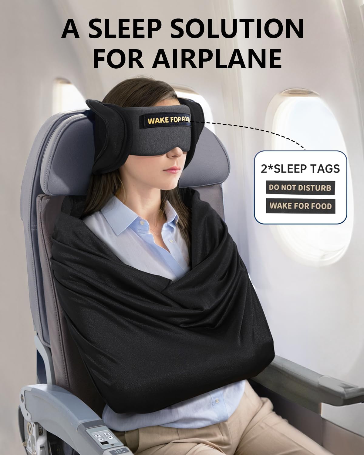 Travel Pillow and Blanket Set, Compact Airplane Pillow Bag with Eye Mask for Long Flights Sleeping, 360° Support Head Strap Travel Essentials for Plane Car Sleep Neck Upright, Stop Head Drop(Grey)