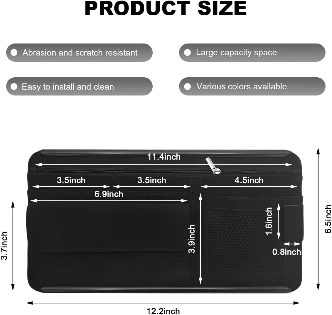 Car Sun Visor Organizer, Leather Sun Visor Pocket Organizer Case with Multi-Pocket Net Zipper, Suede Note Holder Car Visor Storage Pouch for Card Pen Sunglasses Document (Black)