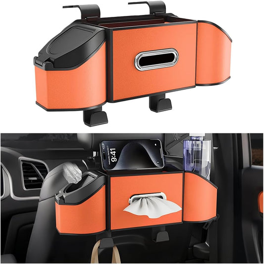 HZEL Car Seat Back Organizer, 7 in 1 Vehicle Backseat Storage Box with Cup Holder Tissue Box Trash Bin & Hooks, Multifunctional Auto Interior Headrest Organizer, Universal for SUV RV Truck (Orange)