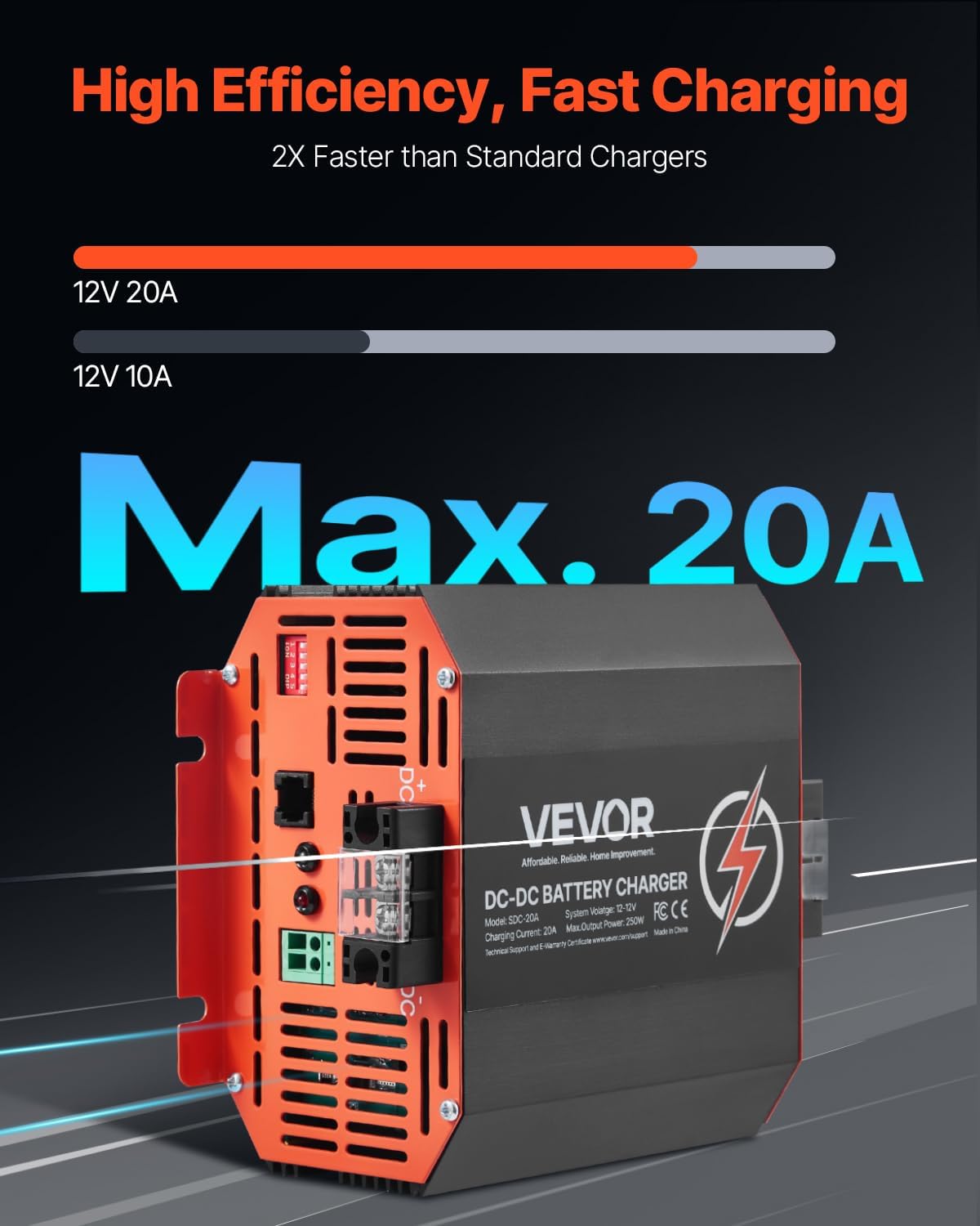 VEVOR 12V 20A DC to DC Battery Charger, 250W, On-Board Battery Charger for Lead-Acid, Lithium, AGM, Gel, and Flooded Batteries, Smart Multi-Stage Charging, for RVs, Commercial Vehicles, Boats, Yachts