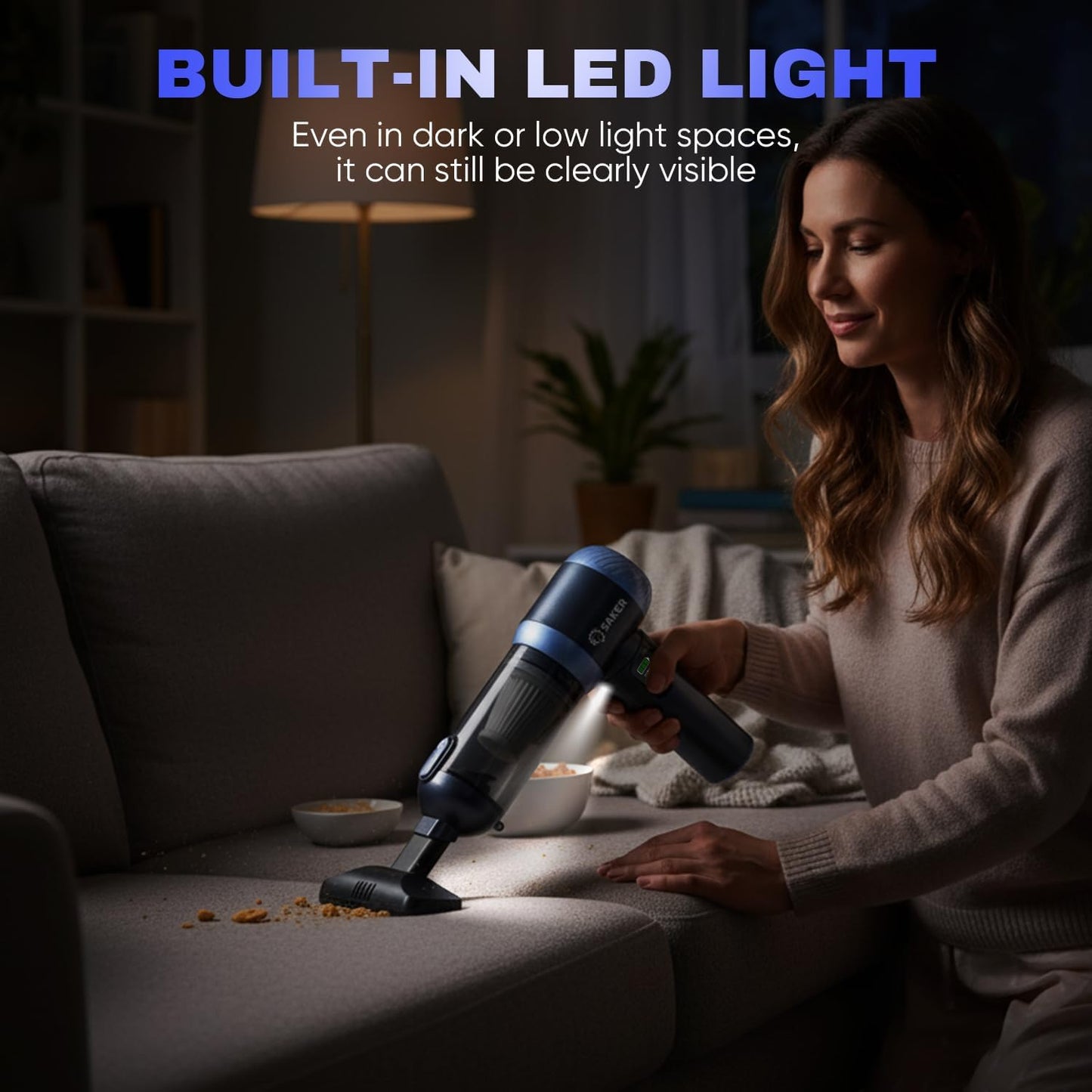 Saker Car Vacuum Portable Cordless 20000Pa Suction Power 4 in 1 Handheld Vacuum with LED Light Type-C Portable Mini Vacuums for Gifts Car, Home, Office, Pet HL157 Blue