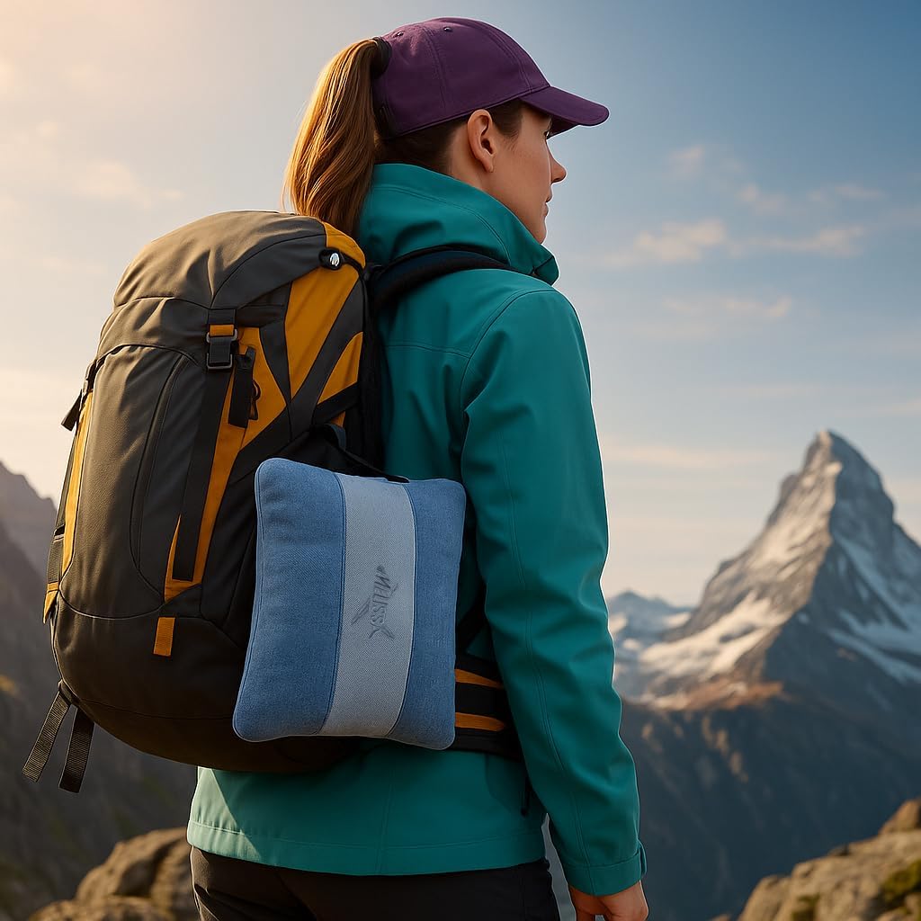 Melissa Large Soft Travel Blanket and Inflatable Pillow Set | Size - 69“ x 43.3”, Lightweight, Compact & Washable for Backpacking, Hiking, Airplane, Car, Office, Camping (Blue)
