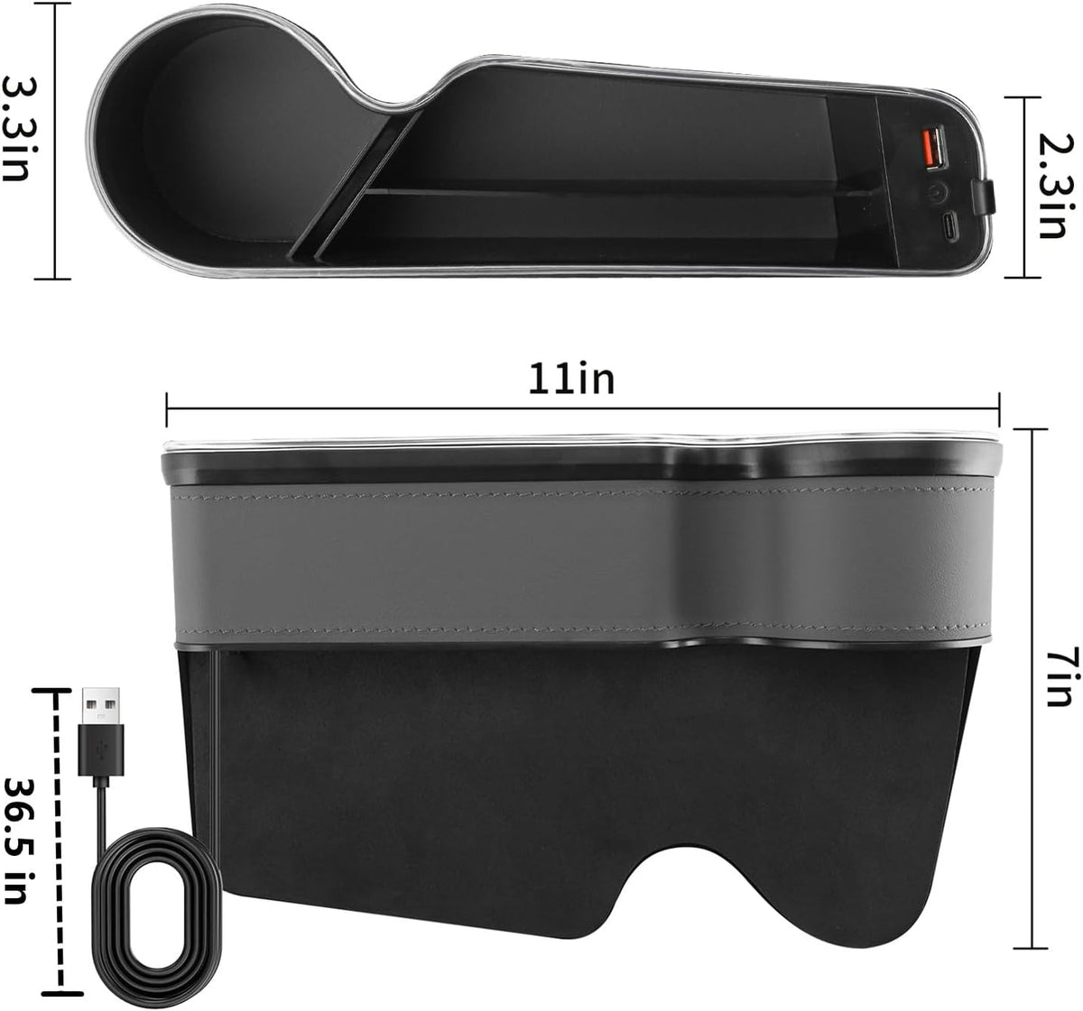 7 Color Led Car Seat Gap Organizer with 56W Cigarette Lighter Adapter,Grey
