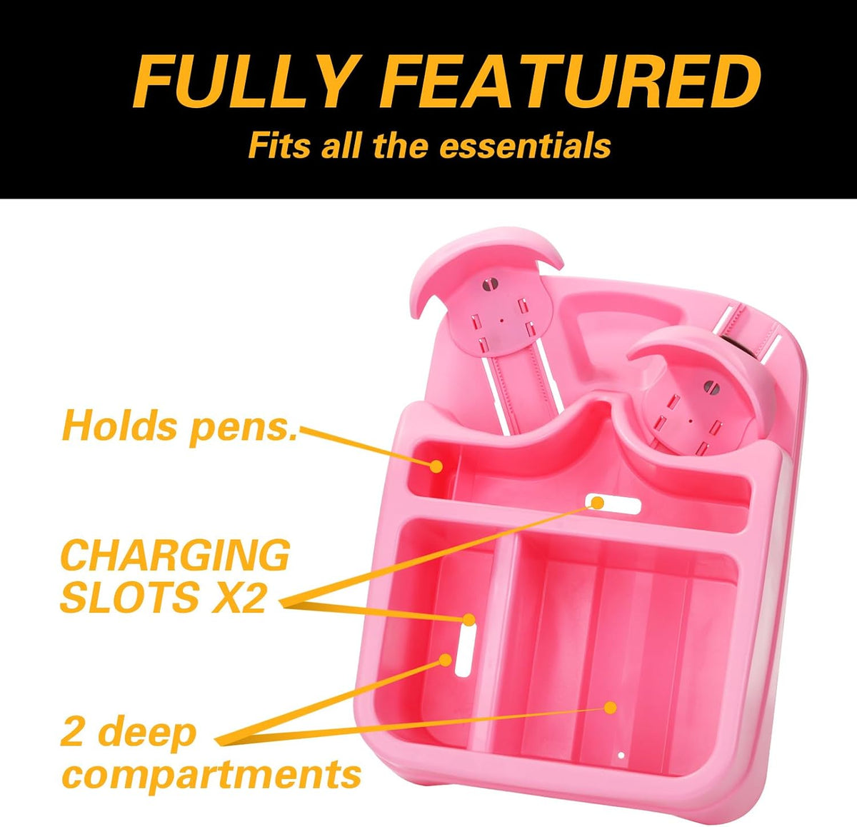 Large Size Plastic Console for Cars, Trucks, Minivans, SUVs with 2 Adjustable Drink Cup Holders Pad Book Holder, Back Bench and Front Seat or Floor Middle Console Universal Vehicle Organizer Pink