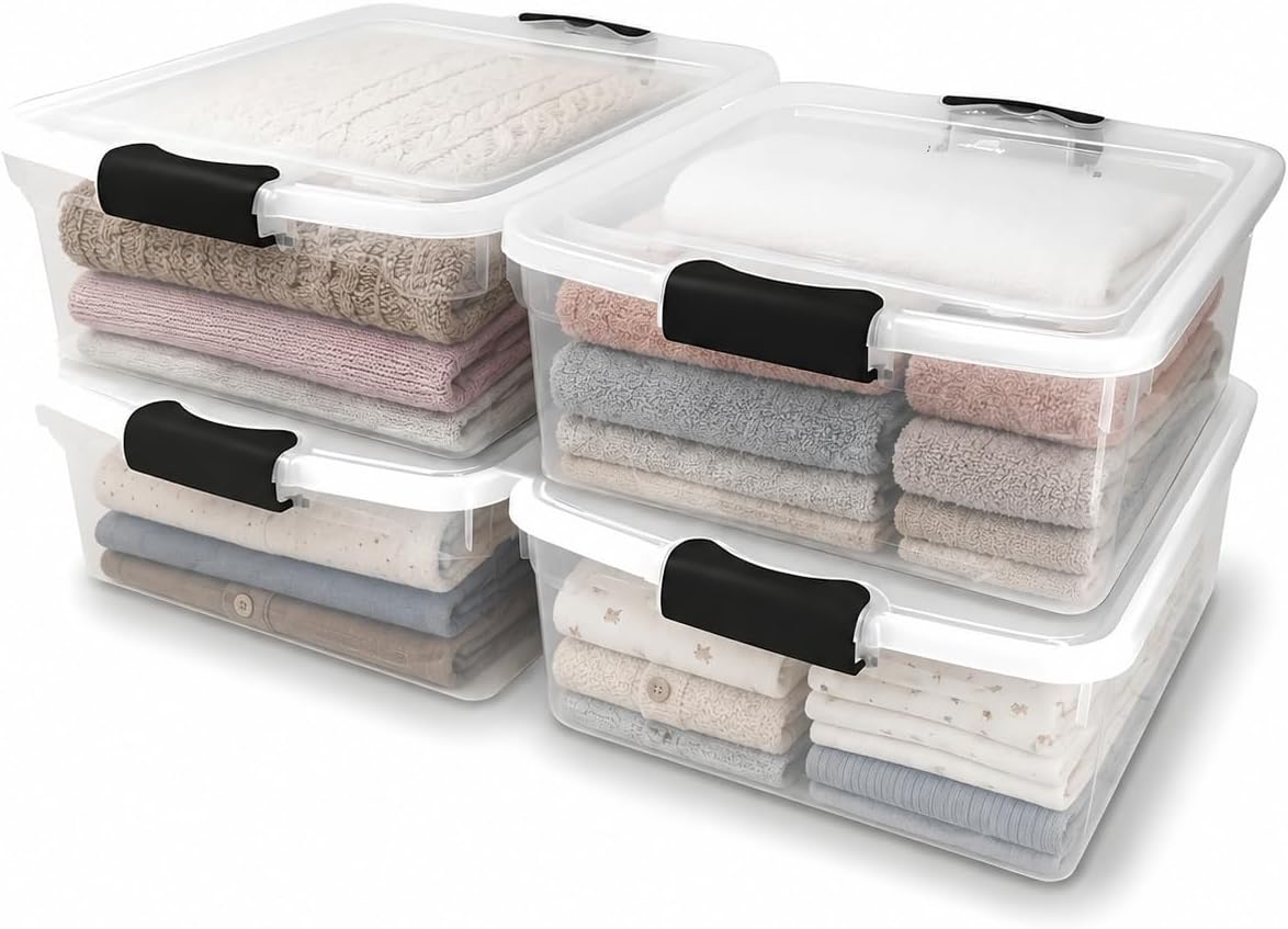 HOMZ 4-Pack 15.5 Quart Latching Lid, Clear Plastic Storage Organizer Bins, Gray – Stackable Containers for Home & Office Shelves, Kitchen, Garage, and Bathroom Organization
