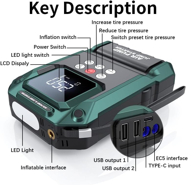 Jump Starter with Air Compressor,2000A 150PSI Car Jump Starter,21800mAh Battery Jump Starter Portable,12V Jump Box with Smart Jumper Cable LCD Display,Lights(Up All Gas/12.0L Diesel)