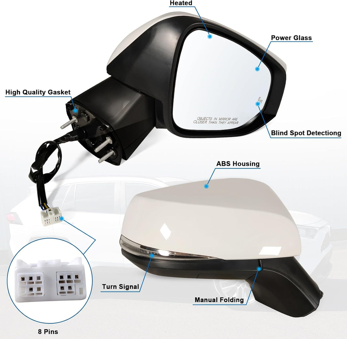 Right Passenger Side Mirror Fits 2019-2025 Toyota Rav4 with Power Heated Turn Signal and Blind Spot Match Super White Replace 879100R271(8 Pins)