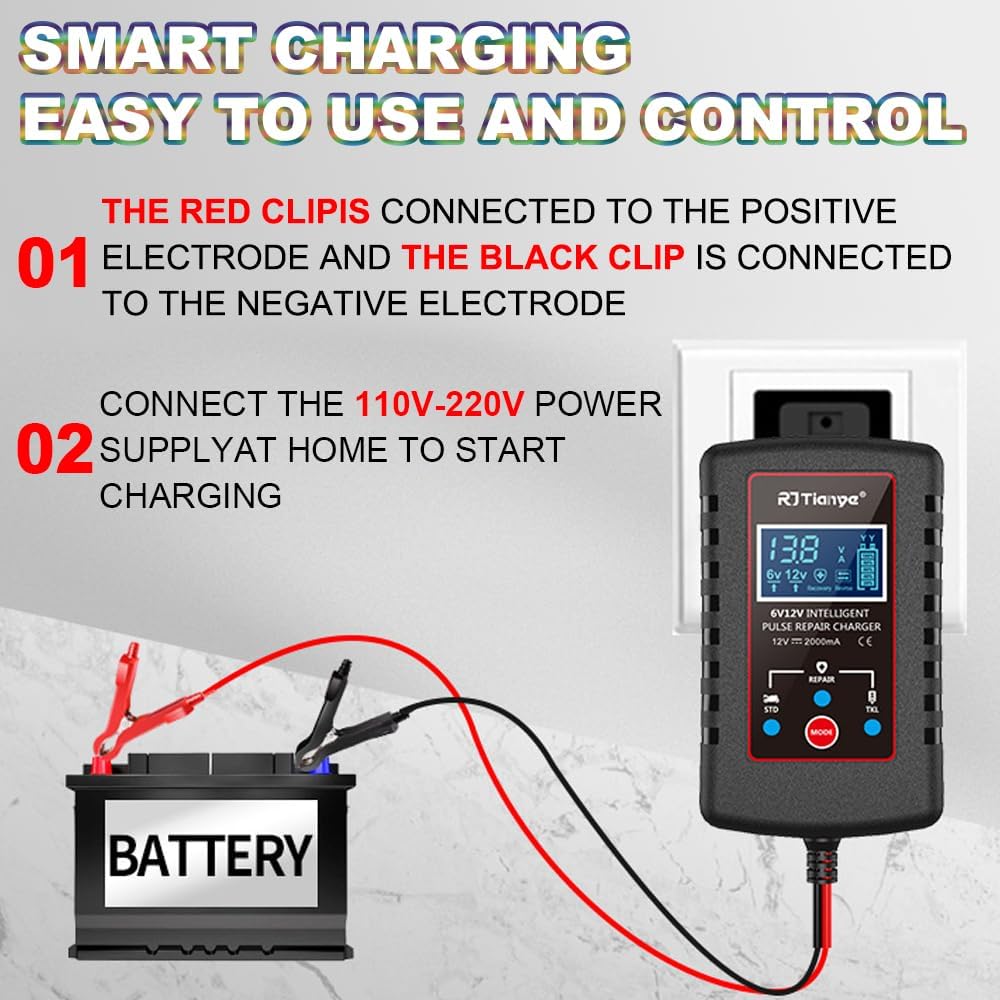 Upgraded 2Amp Car Battery Trickle Charger Maintainer 6V/12V