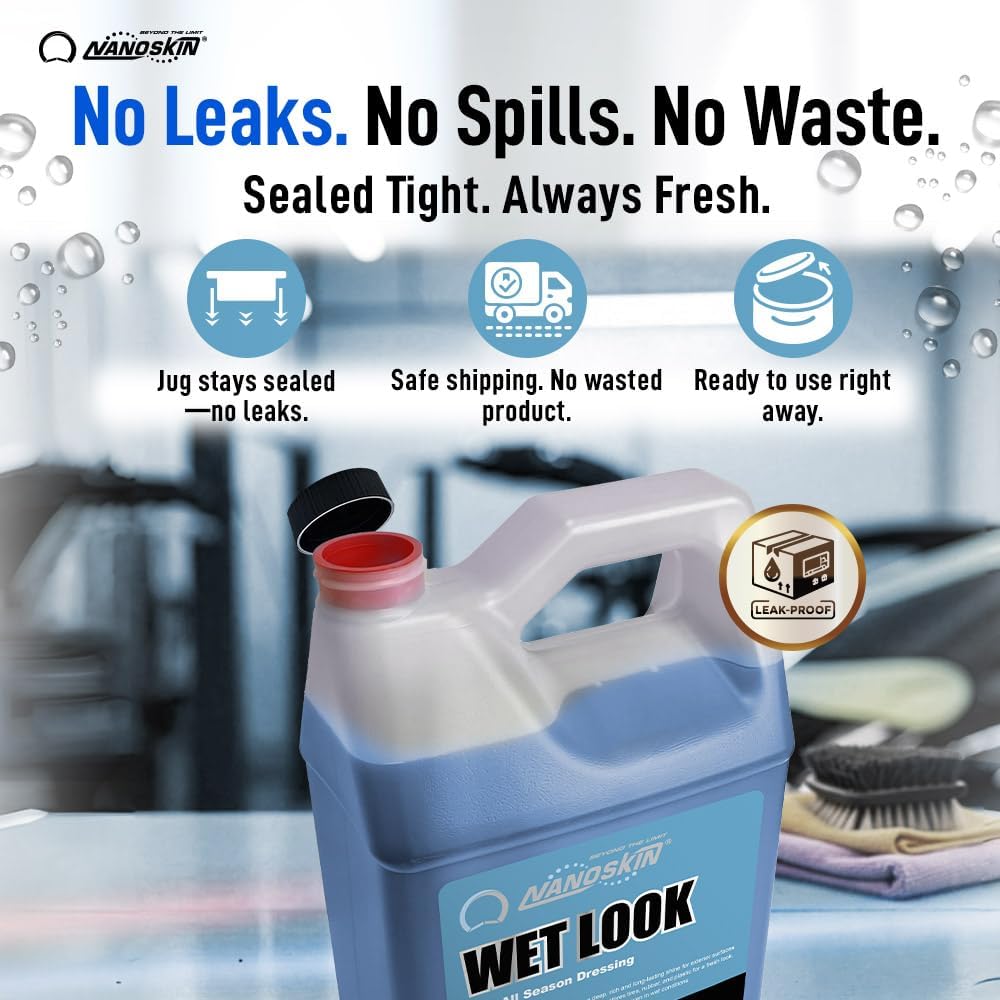 Nanoskin WET LOOK All Season Dressing 1 Gallon - Exterior Rubber & Plastic Solvent Based Dressing for Car Detailing | Produces a Deep, Rich, Long lasting shine | Safe For Cars Trucks, Motorcycles, RVs