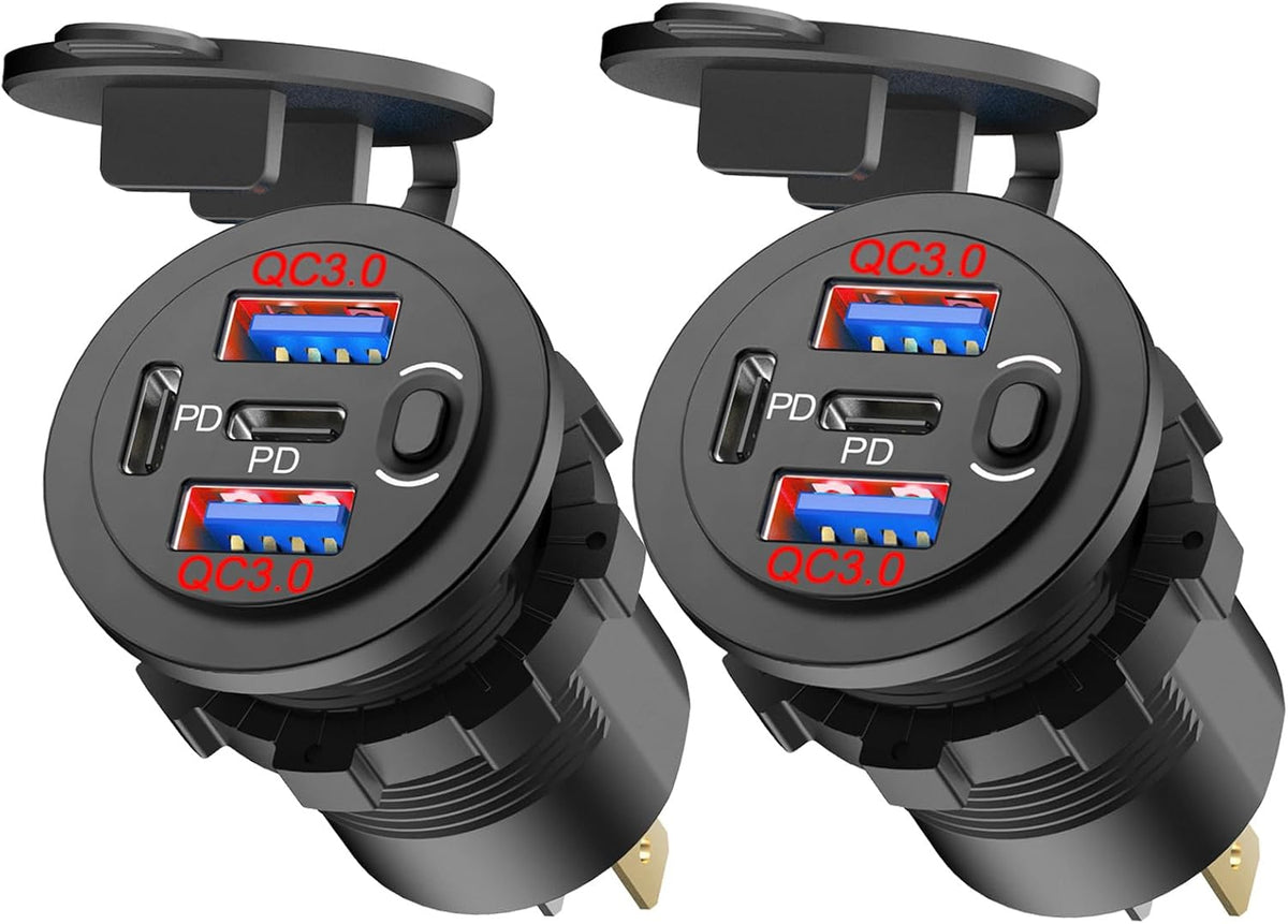 2 Pack Red 12V USB Outlet Dual PD 30W USB C Port and Dual USB QC 3.0 Port with Power Switch, 78W Multiport Car Charger Socket Waterproof DIY Accessories for Car Boat Marine Motorcycle RV ATV