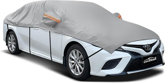 Half Car Cover for Snow, Windshield Cover for Ice and Snow with Cotton Liner, Hail Protector Car Cover Waterproof All Weather for Snow, Sun, Rain, Dust, Fit Sedan L