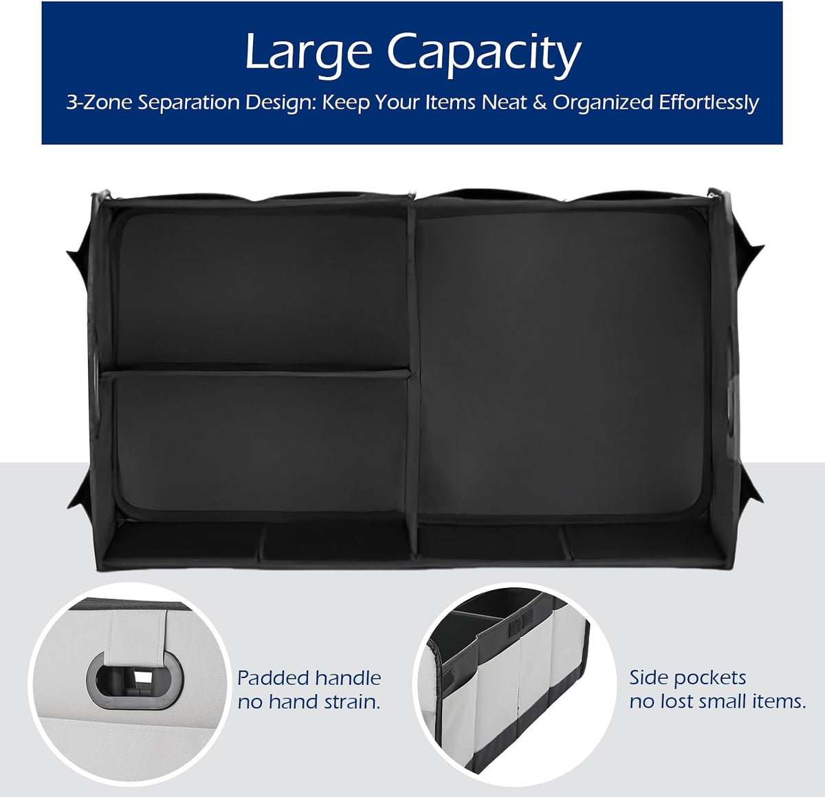 Foldable Car Trunk Organizer - 63L Collapsible Multi-Compartment Storage with 10 Side Pockets, Reinforced Handles & Waterproof 600D Oxford Polyester - Fits Car, SUV, Minivan - Grey