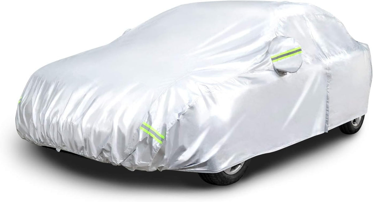 Amazon Basics Silver Weatherproof Car Cover, 150D Oxford, UV Protection, Snow Protection, Dustproof for Sedans up to 200", with Door Zipper