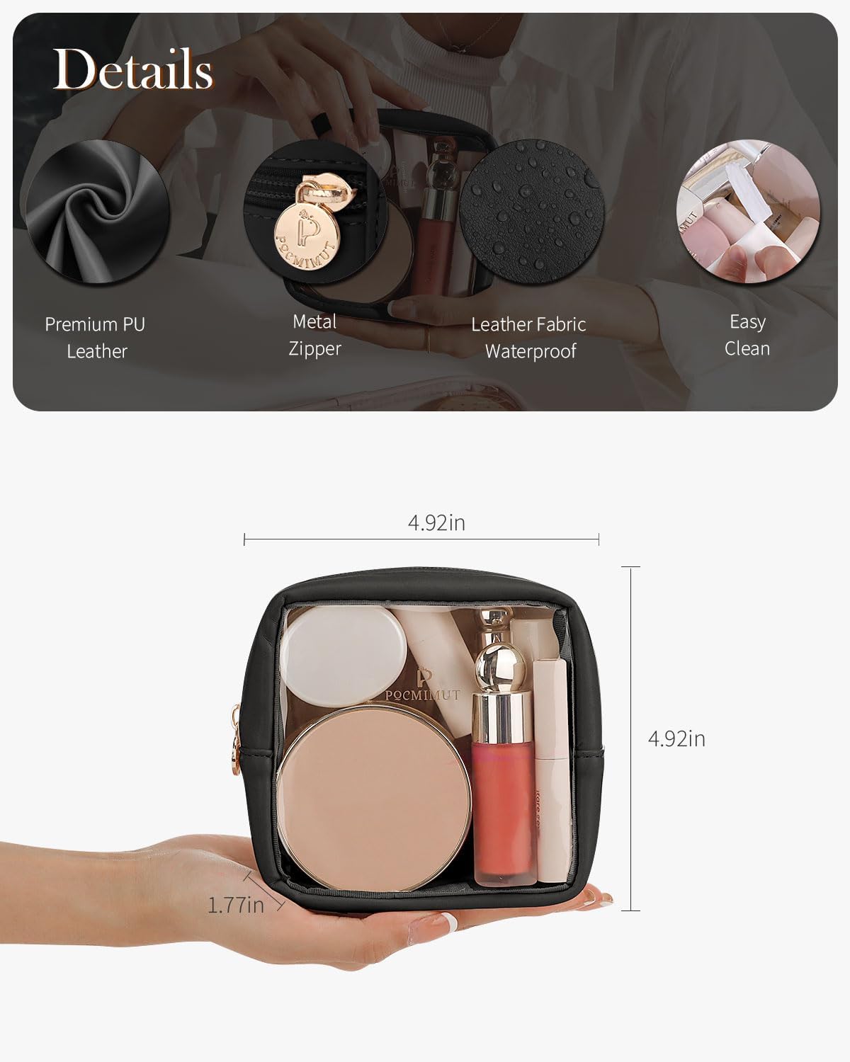 Pocmimut Clear Makeup Bag, Easy to Find Mini Makeup Bag for Purse, Travel Makeup Bag for Car, Compact Cosmetic Pouch for Daily Essentials,Black