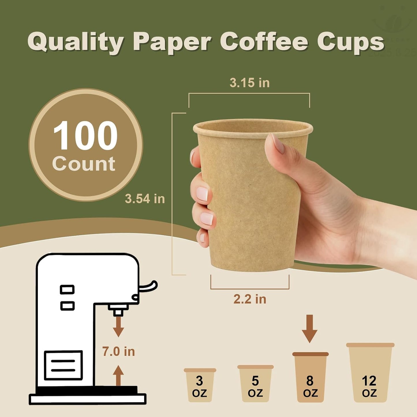 8 oz 100 Pack Disposable Coffee Cups, Bulk Brown Disposable Paper Cups, Coffee Cups for Hot Tea, Chocolate and Cold Drinks