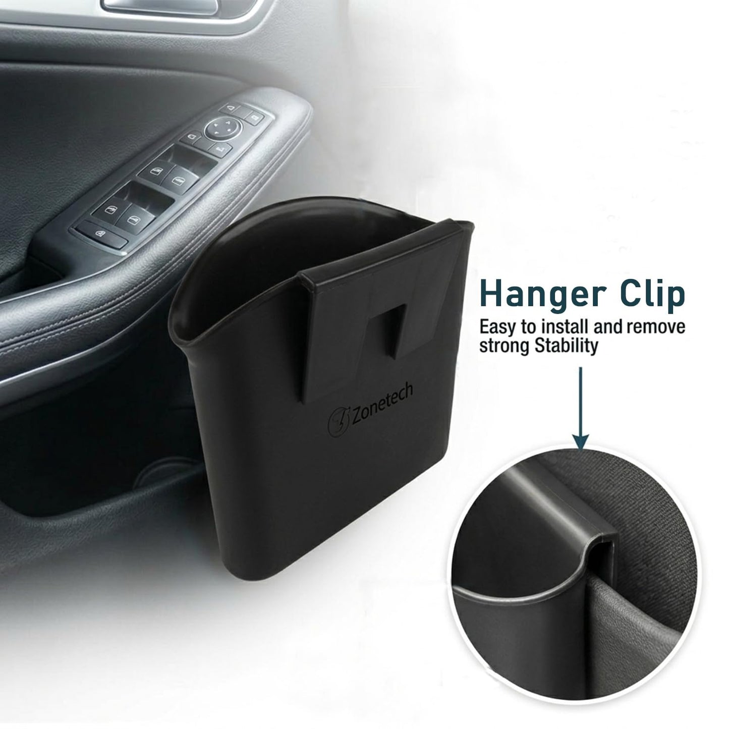 ZONETECH Portable Hanging Mini Car Garbage Can – Classic Black Trash Container - Premium Quality Automotive Universal Compact Traveling Wastebasket for Vehicle,Office, Home (1-Pack)