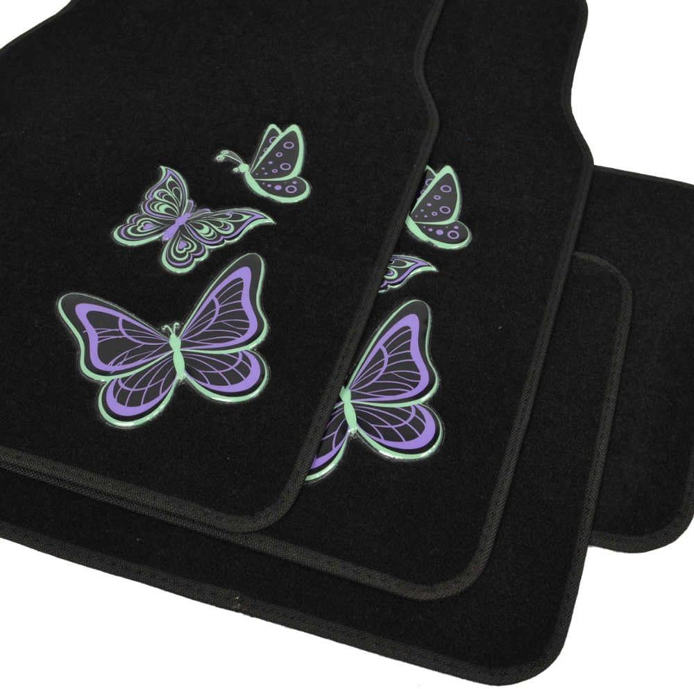 BDK Embossed Neon Purple & Green Butterflies Design Carpet Car Floor Mats for Auto Van Truck SUV-4 Pieces Front & Rear Full Set with Rubber Backing-Universal Fit