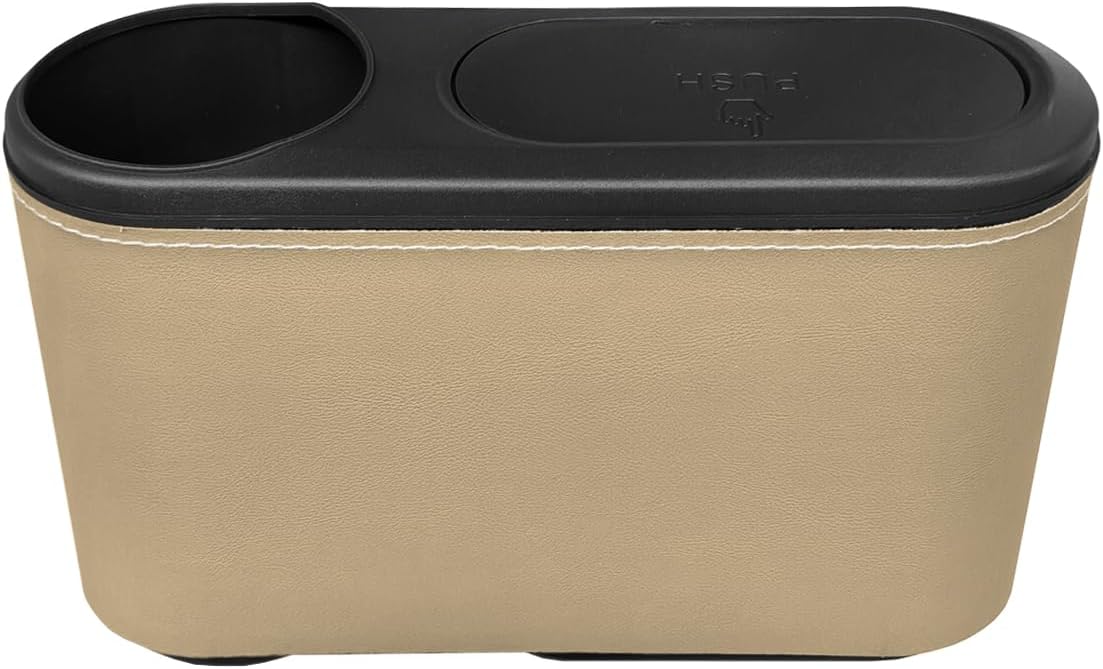 Car Trash Can with Lid, Leakproof Car Back Seat Hanging Garbage Organizer with Cup Holder, Multipurpose Auto Interior Door Trash Bin for Vehicle, Home, Office(Beige)