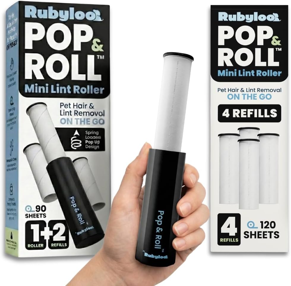 Rubyloo Mini Lint Roller Bundle for Pet Hair Travel Size Roller with Retractable Cover 6 Refill Pack Sticky Dog Cat Hair Remover for Clothes Car Bag Travel Essentials for Pet Owners