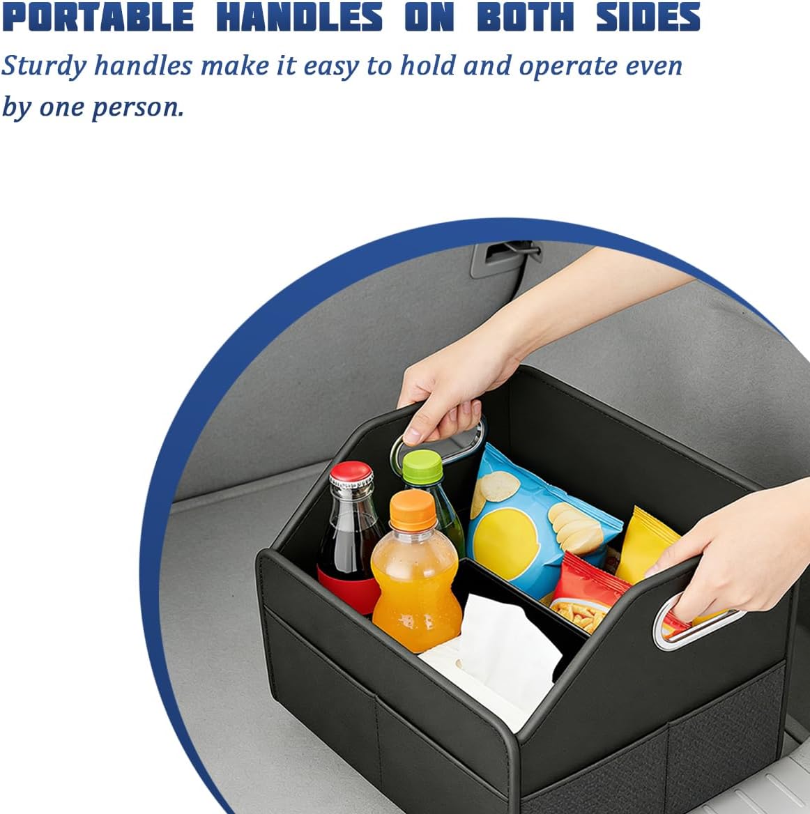 HZEL Car Seat Organizer, Foldable Multifunctional Vehicle Front and Back Seat Floor Storage Box with Metal Handle, Collapsible Automotive Interior Caddy Organizer, Universal for SUV Van Truck