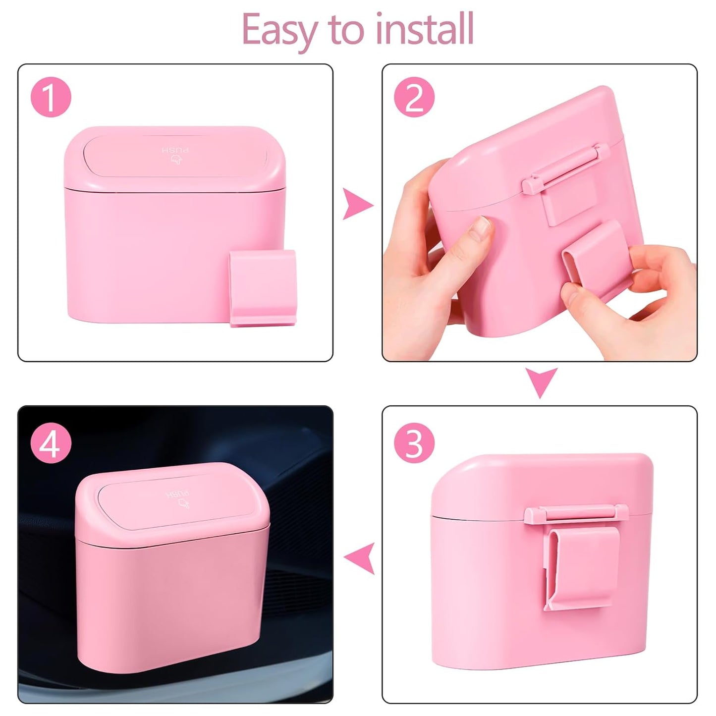 NBTEPEM Pink Car Trash Can with Lid - 2 Pack, Mini Auto Garbage Can with 60 Trash Bags, Leakproof Automotive Garbage Container Bin, Multipurpose Organizers and Storage for Car, Home, Office (Pink)