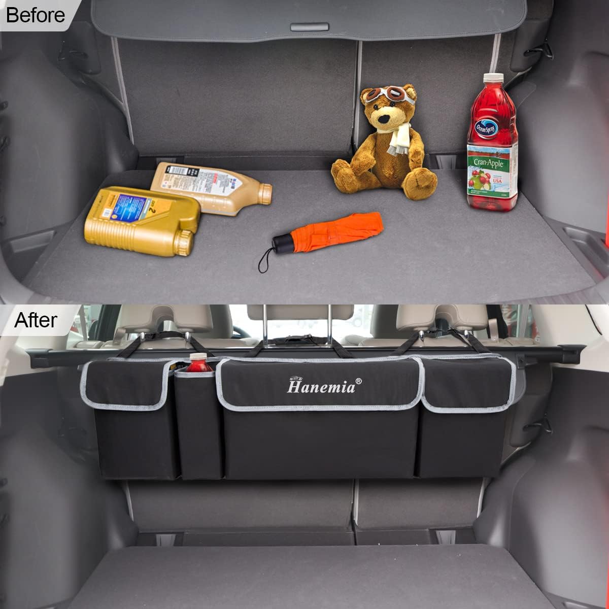 Car Trunk Organizer and Storage, Backseat Hanging Organizer for SUV, Truck, MPV, Waterproof, Collapsible Cargo Storage Bag with 4 Pockets, Car Interior Accessories (Black)