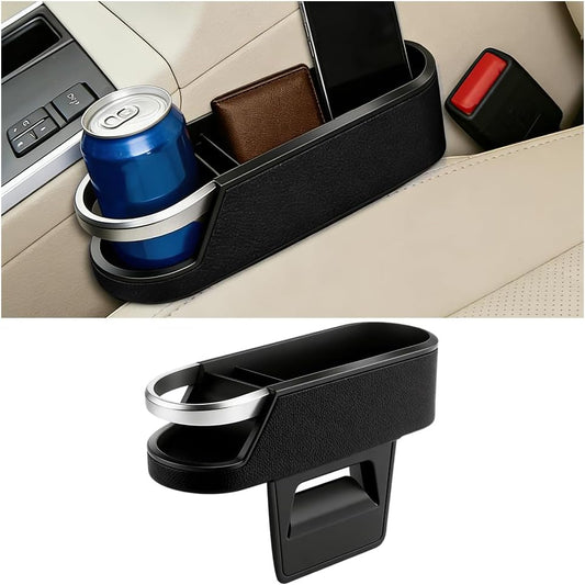 Car Seat Gap Filler Organizer, Leather Automotive Filler Plug Couch Organizer with Cup Holder, Vehicle Front Seat Side Gap Storage Box for Phone Sunglasses Keys, Universal Fit (Black)