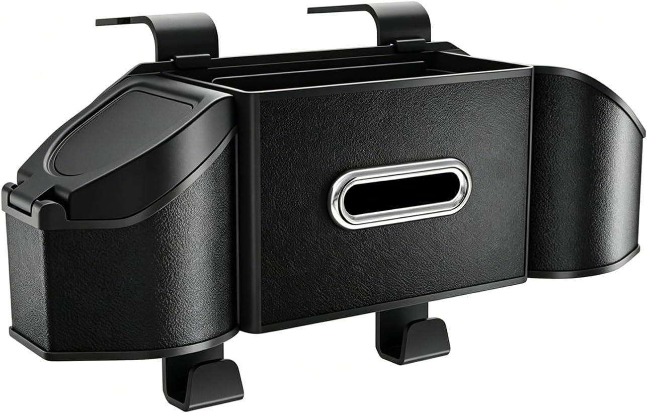 7-In-1 Car Organizer, Multifunctional Car Seat Back Organizer Box with Cup Holders, Tissue Box, Trash Can & Hooks, for Hold Phone, Snacks, Drinks, Handbag (Black)