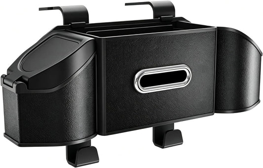 7-In-1 Car Organizer, Multifunctional Car Seat Back Organizer Box with Cup Holders, Tissue Box, Trash Can & Hooks, for Hold Phone, Snacks, Drinks, Handbag (Black)