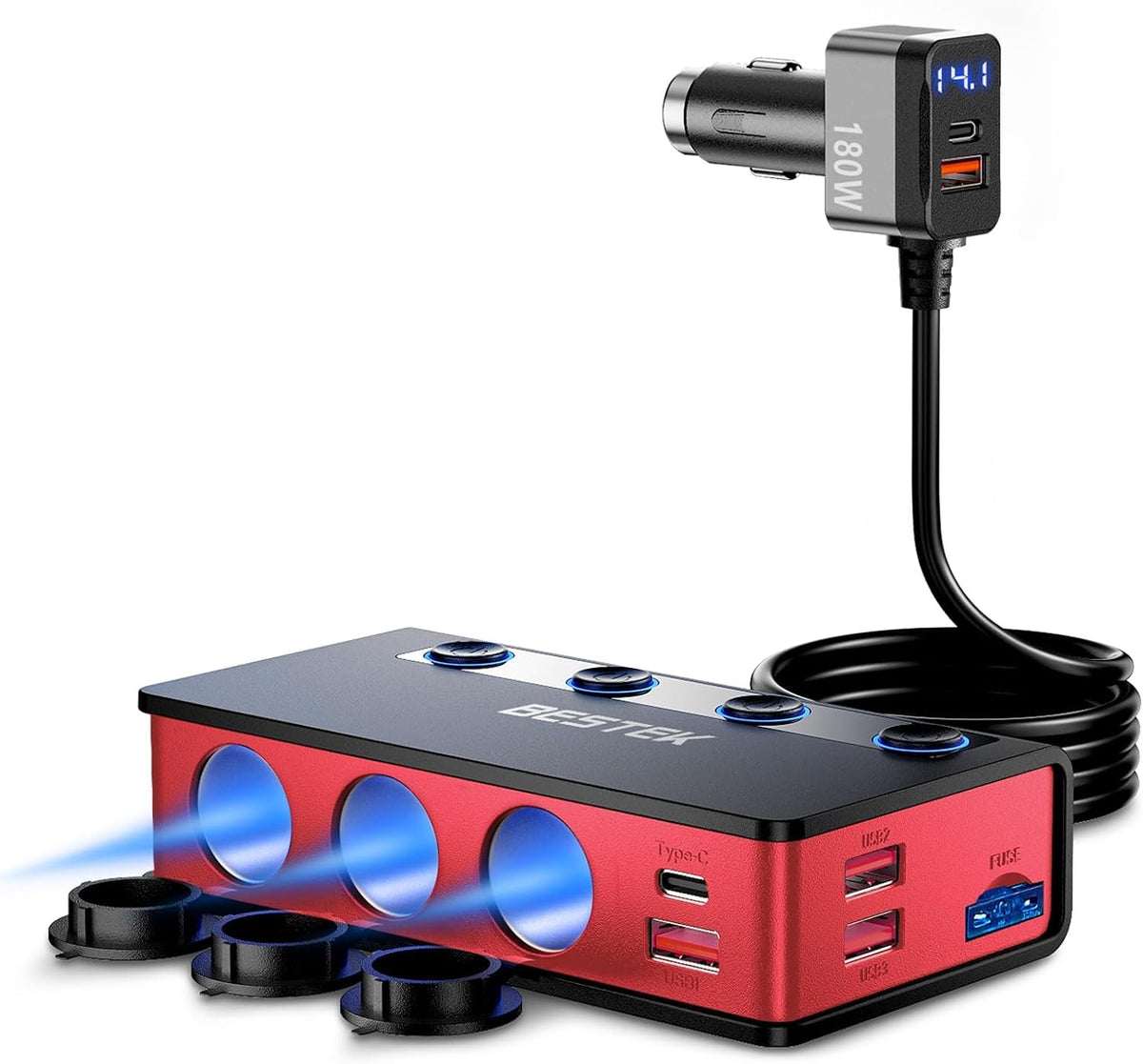 BESTEK 180W 3-Socket Cigarette Lighter Splitter with PD65W/QC3.0