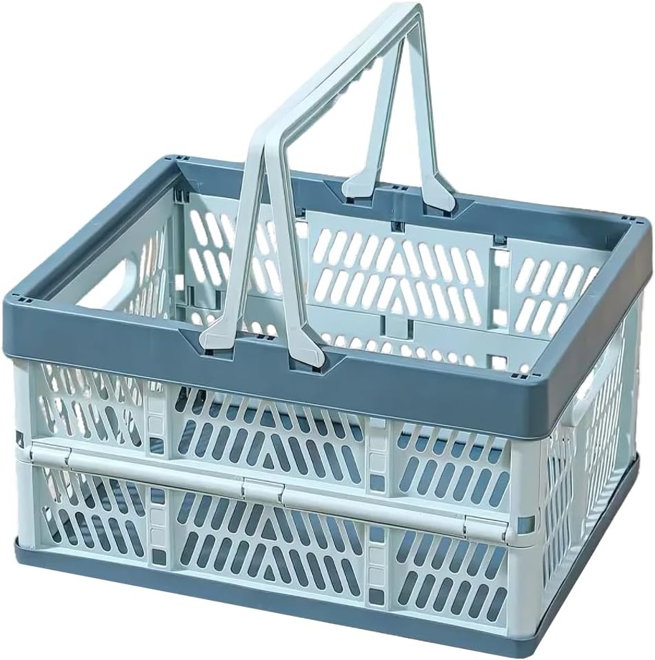Collapsible Storage Crate with Handles, Milk Crates，33L Foldable Plastic Shopping Basket, Organizer Container for Car Home Pinic (Light blue, Large)