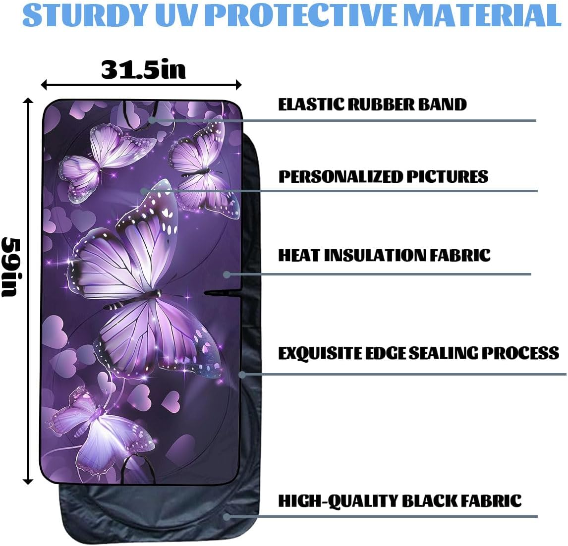 Purple Butterfly Car Windshield Sun Shield, 59*31.5 Inches, UV Rays Protection, Universal Fit for SUV, Truck, Car