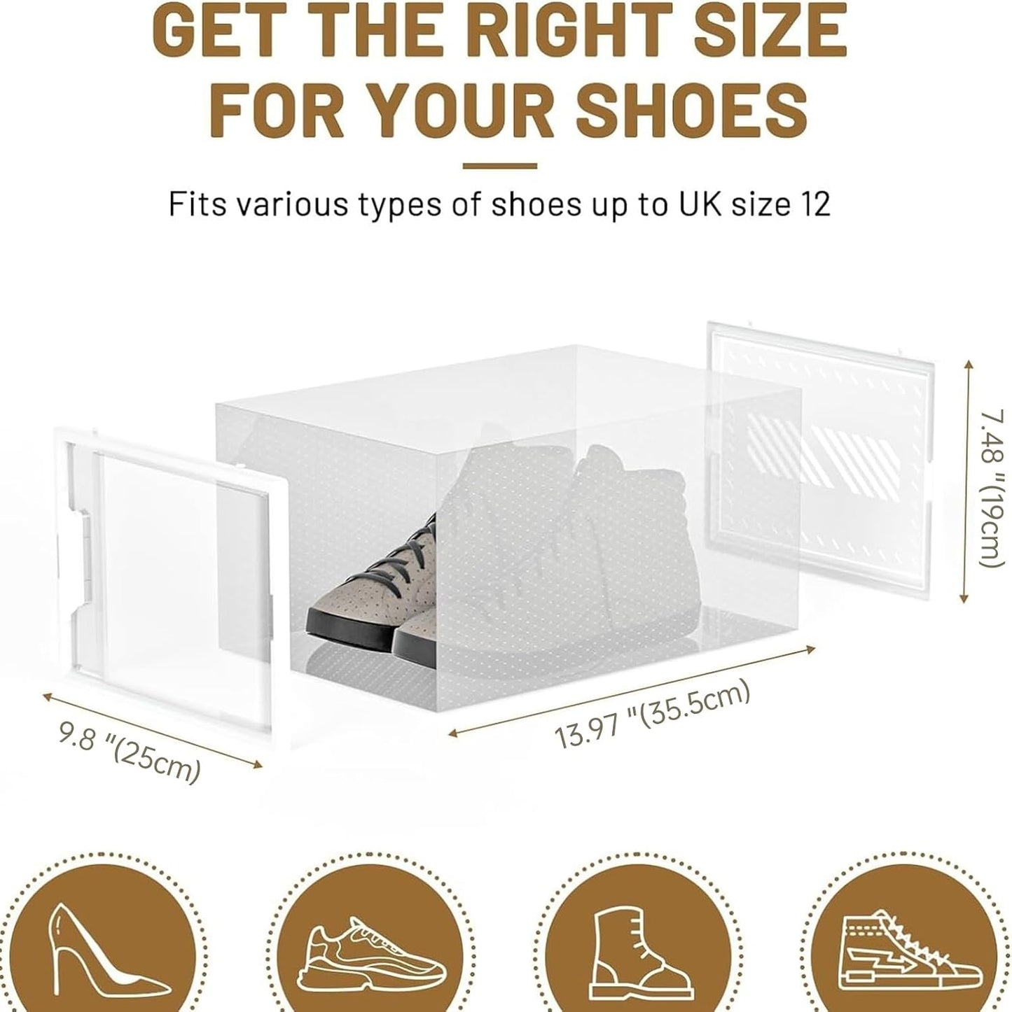 6-Pack Clear Plastic Stackable Shoe Storage Boxes for Sneakers, Boots, for Entryway, Living Room, Bedroom, Garage, Car Trunk, as Shoe Rack Substitute and Display Case for Small Space Organization