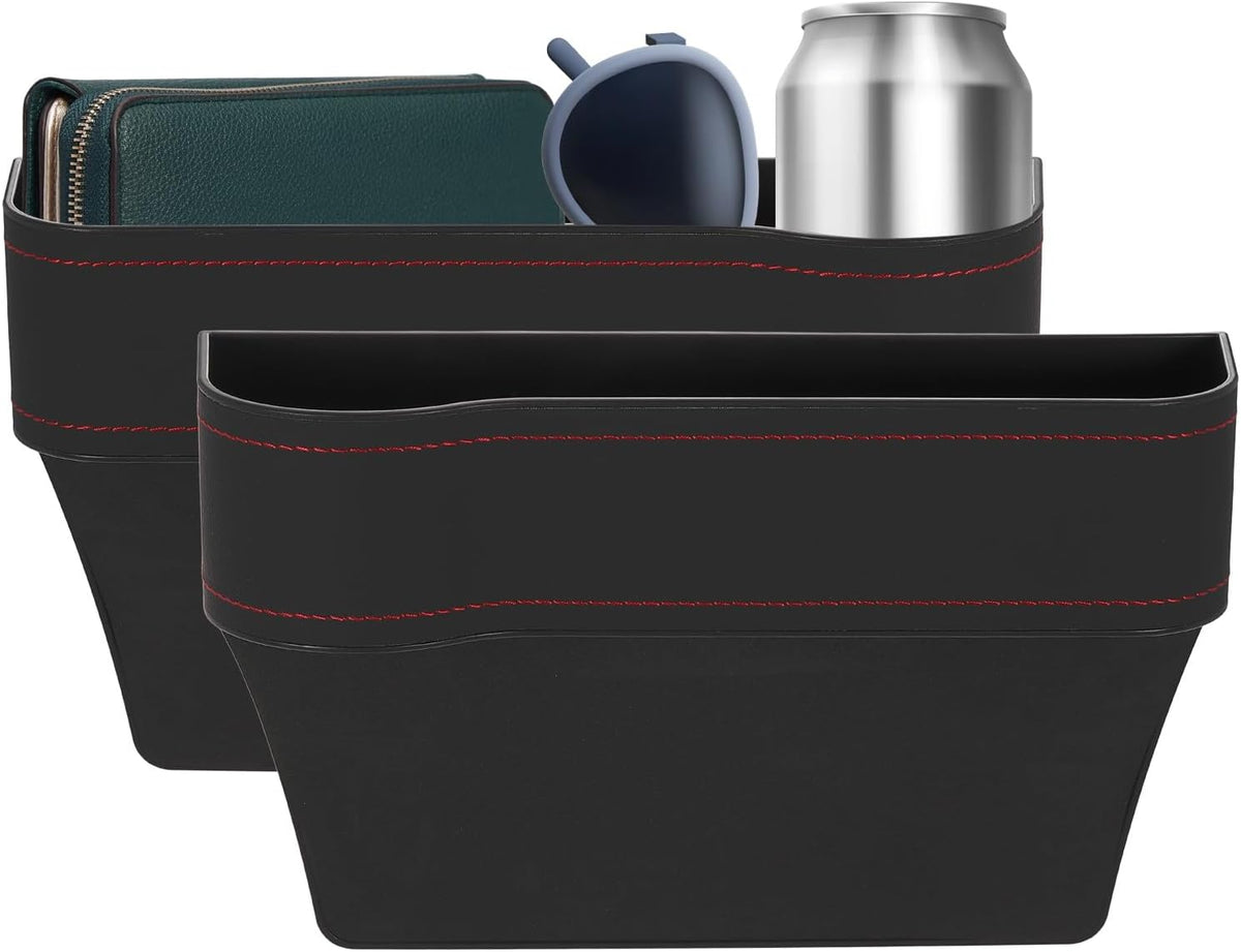 HARFINGTON 2pcs Car Seat Gap Filler Organizer 10.2 x 6.5 x 3.1 Inch ABS+Leather Universal Car Organizer Storage Box Between Seat and Console (Left+Right) with Cup Holders for Phone, Black
