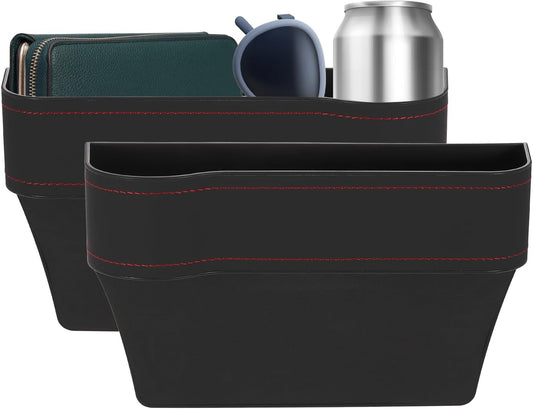 HARFINGTON 2pcs Car Seat Gap Filler Organizer 10.2 x 6.5 x 3.1 Inch ABS+Leather Universal Car Organizer Storage Box Between Seat and Console (Left+Right) with Cup Holders for Phone, Black