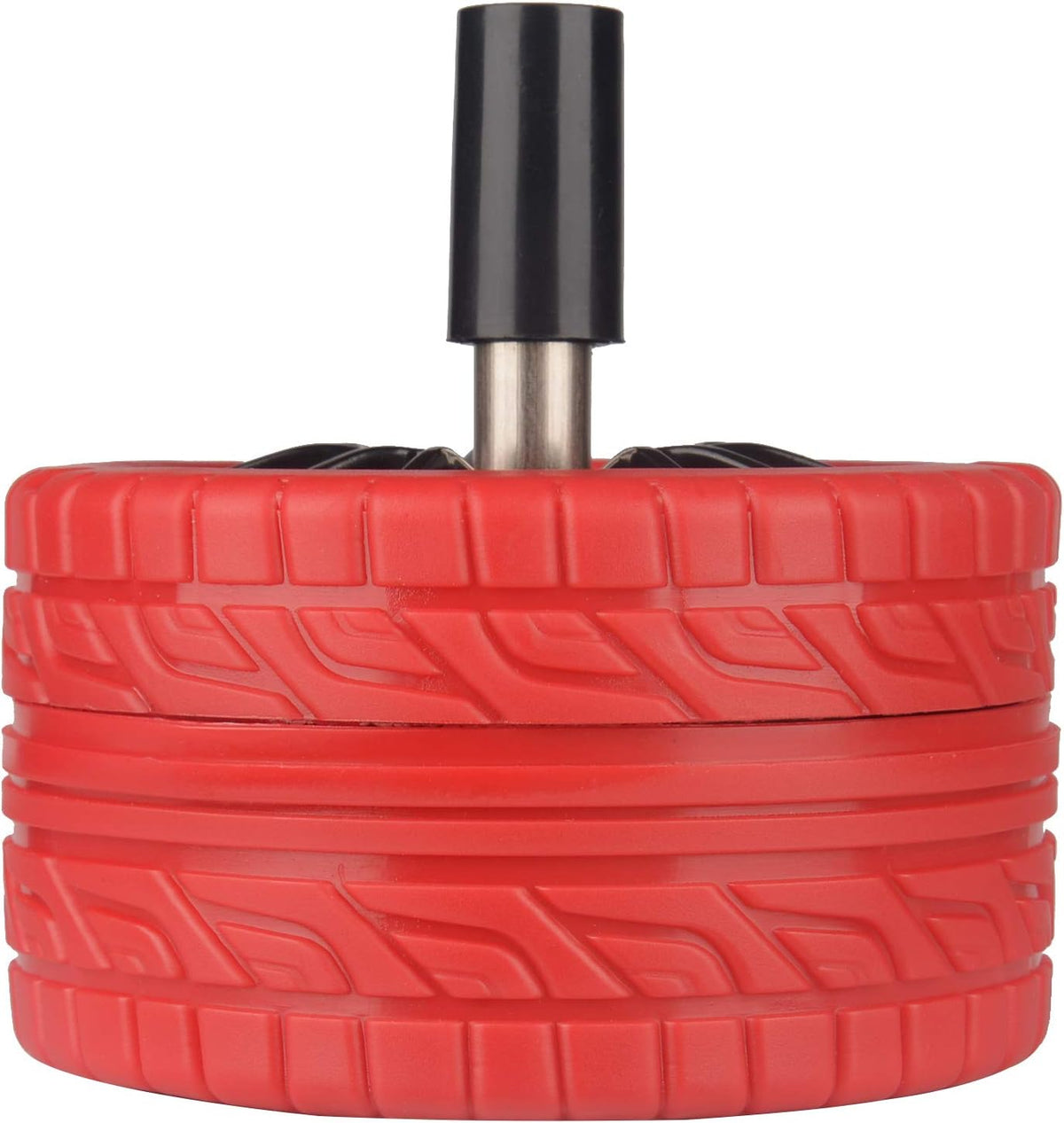 ONE250 Round Car Tire Shape Push Down Stainless Steel Modern Tabletop Cigarette Ashtray with Spinning Tray, Cigarette Ashtray for Indoor or Outdoor Use (Red, Black Wheel Rim)