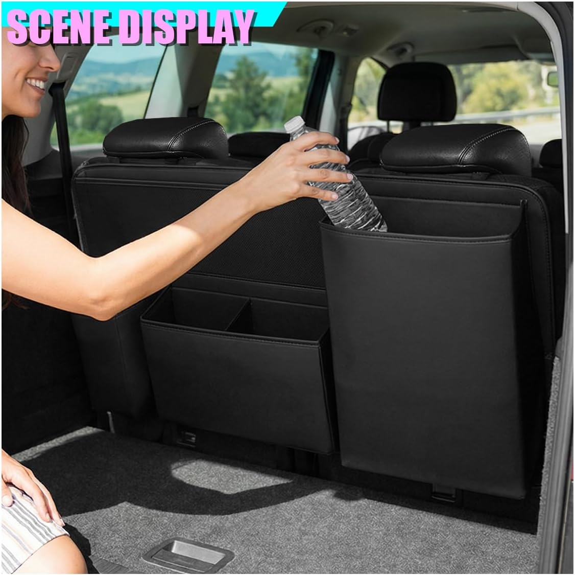Leather Car Trunk Organizer, 35'' × 17'' Auto Backseat Hanging Storage Bag with 1 Mesh Pocket & 3 Pockets, Foldable Vehicle Travel Organizer Accessories for Sedan, SUV, Truck, MPV (Black)