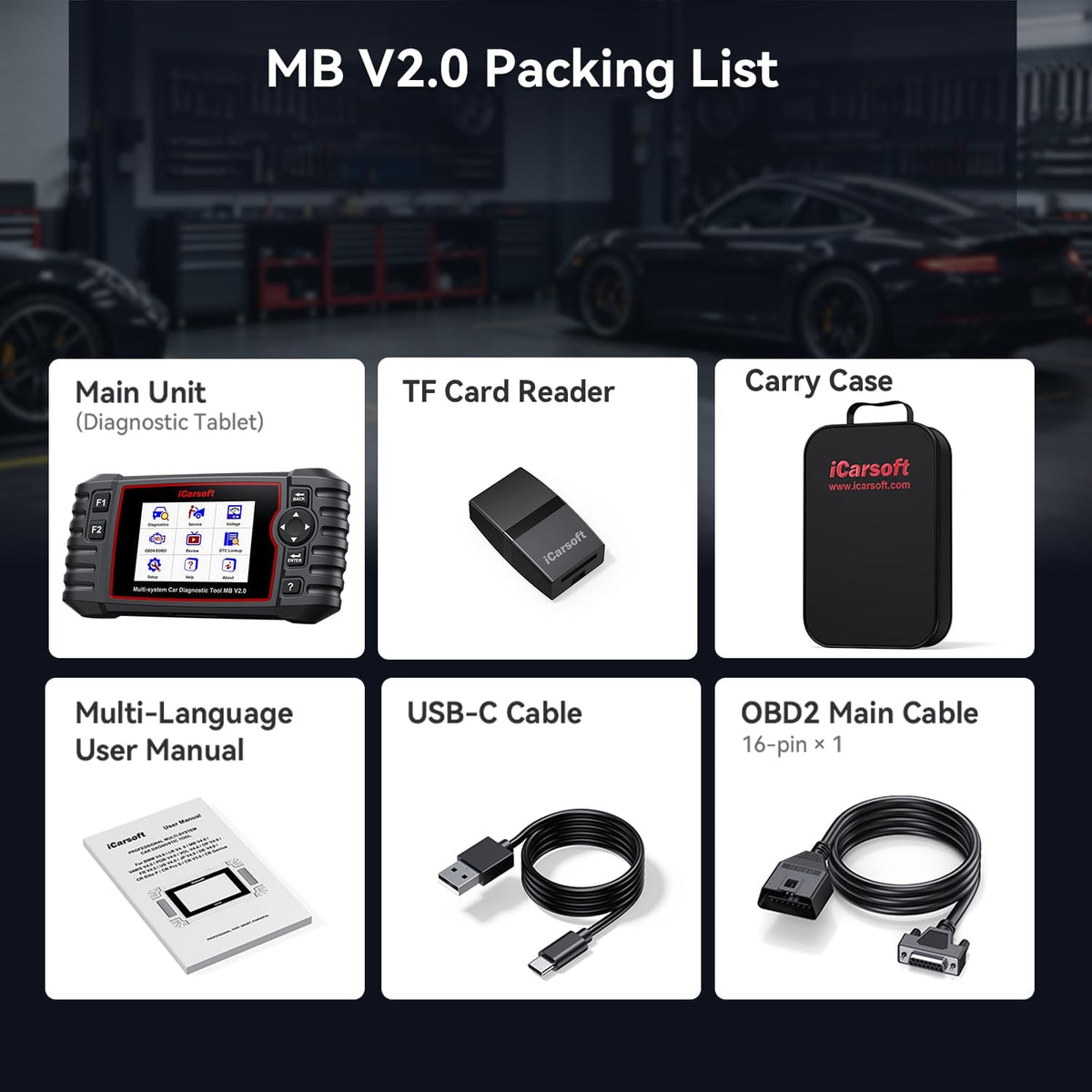 iCarsoft MB V2.0 Full System Diagnostic Scan Tool for Most Mercedes Benz from 1996-Present OBD2 Scanner 9 Reset AutoVIN Free Update Car Code Reader with Battery Test CAN FD 15 Languages Plug-and-Play
