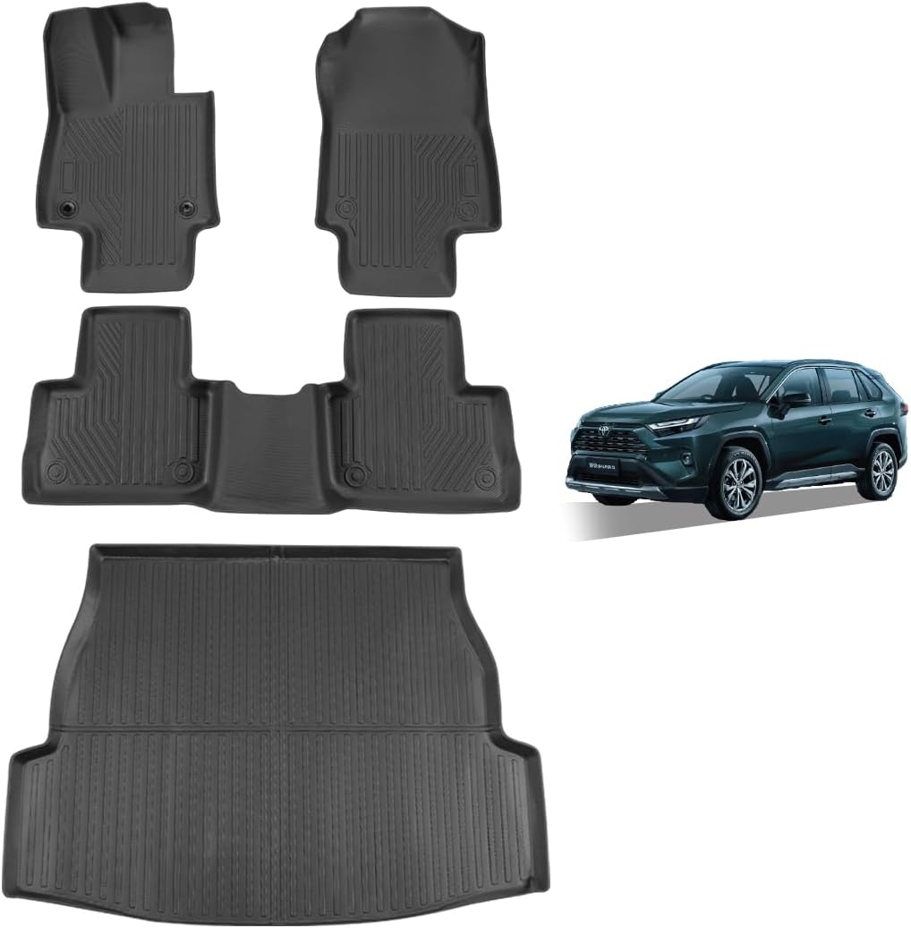 All-Weather Car Floor Mats for Toyota RAV4 2025-2019 &amp; RAV4 Hybrid, Custom Fit TPE Floor Liners &amp; Cargo Trunk Mat Full Set, Black Car Accessories for Rav 4 LE XLE Limited Adventure TRD Off-Road