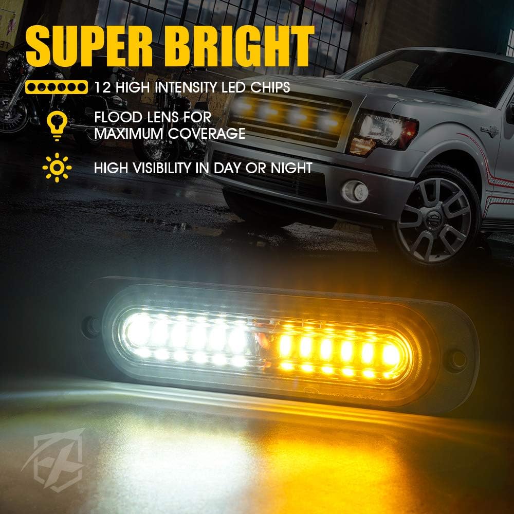 Xprite LED Surface Mount Strobe Lights Kit, White Amber Grill Grille Emergency Warning Marker Flashing Light with Control Box for Trucks Vehicles ATV RV Cars Van - 4PCS