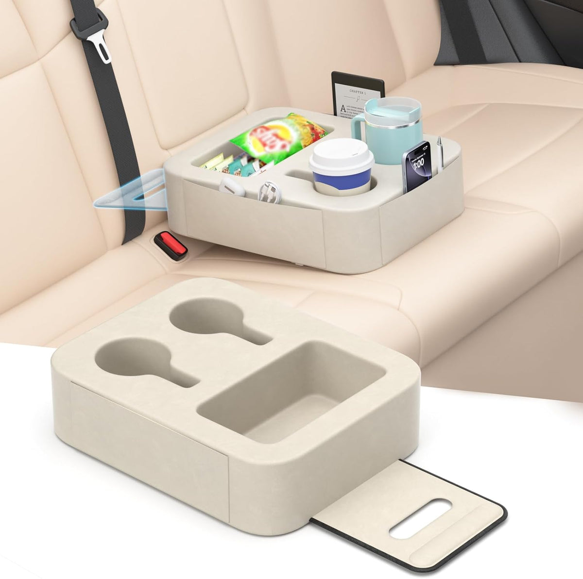 Car Cup Holder Pillow, Backseat Car & Bench Seat Cup Holder for iPad, Switch, Controllers, Remotes, Glasses, Drink Holder for Car, Couch, Bed, Desk, Camping, Automotive Cup Holders, Sofa Caddy, Black