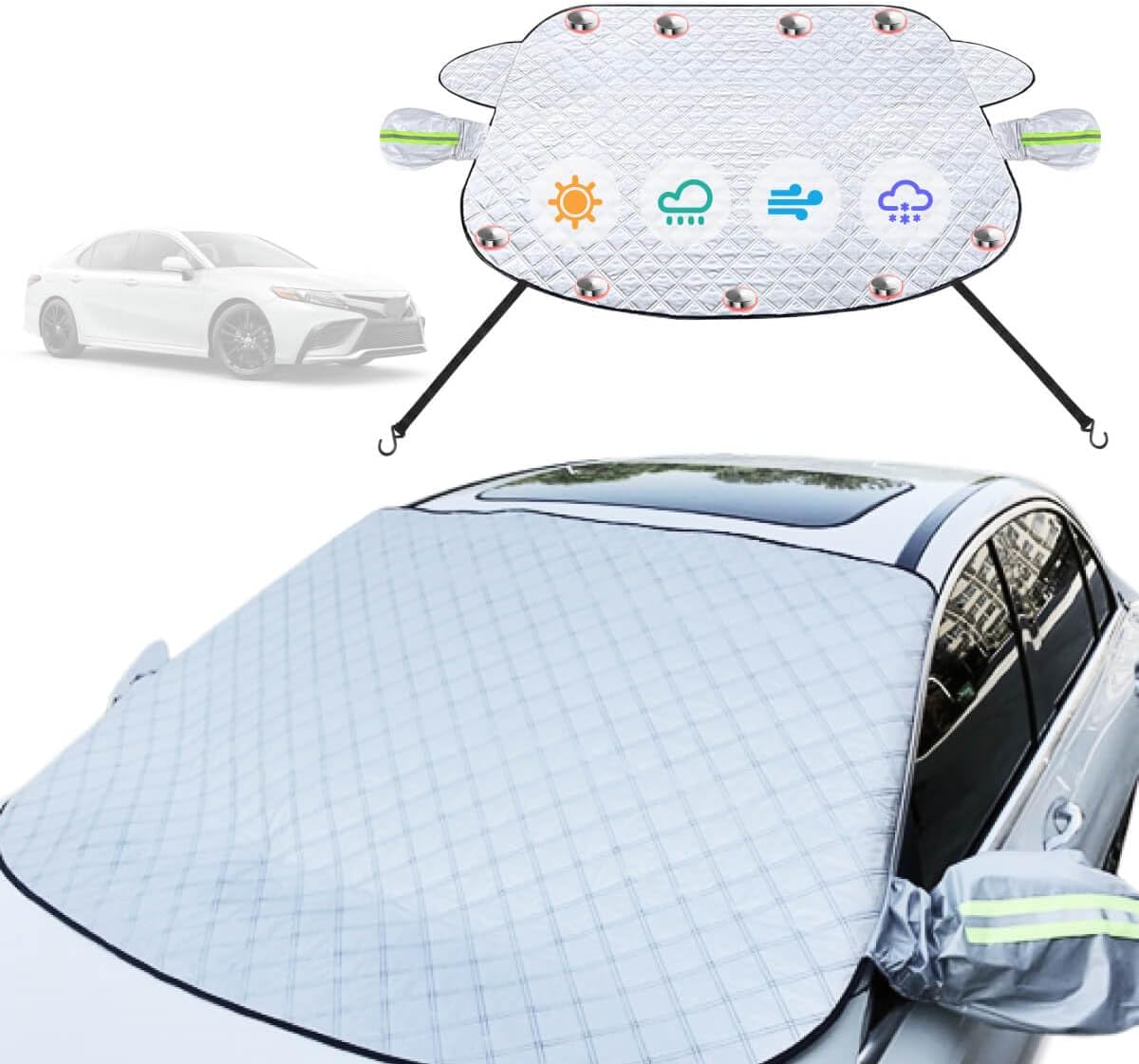 Car Windshield Cover Compatible with Toyota Camry 2025-2016 Custom Fit LE XSE XLE Hybrid SE Sedan New Upgraded Magnetic Windproof Sunshade Cover 4-Layer Protection Ice, UV,Frost Wiper &amp; Mirror Covers