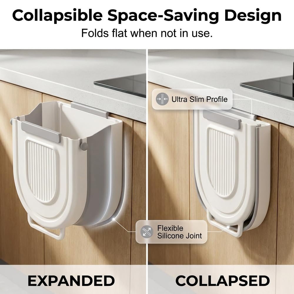 Multipurpose Hanging Collapsible Trash Can，Beige：9.6*9.4*6.3 in-2.64Gal