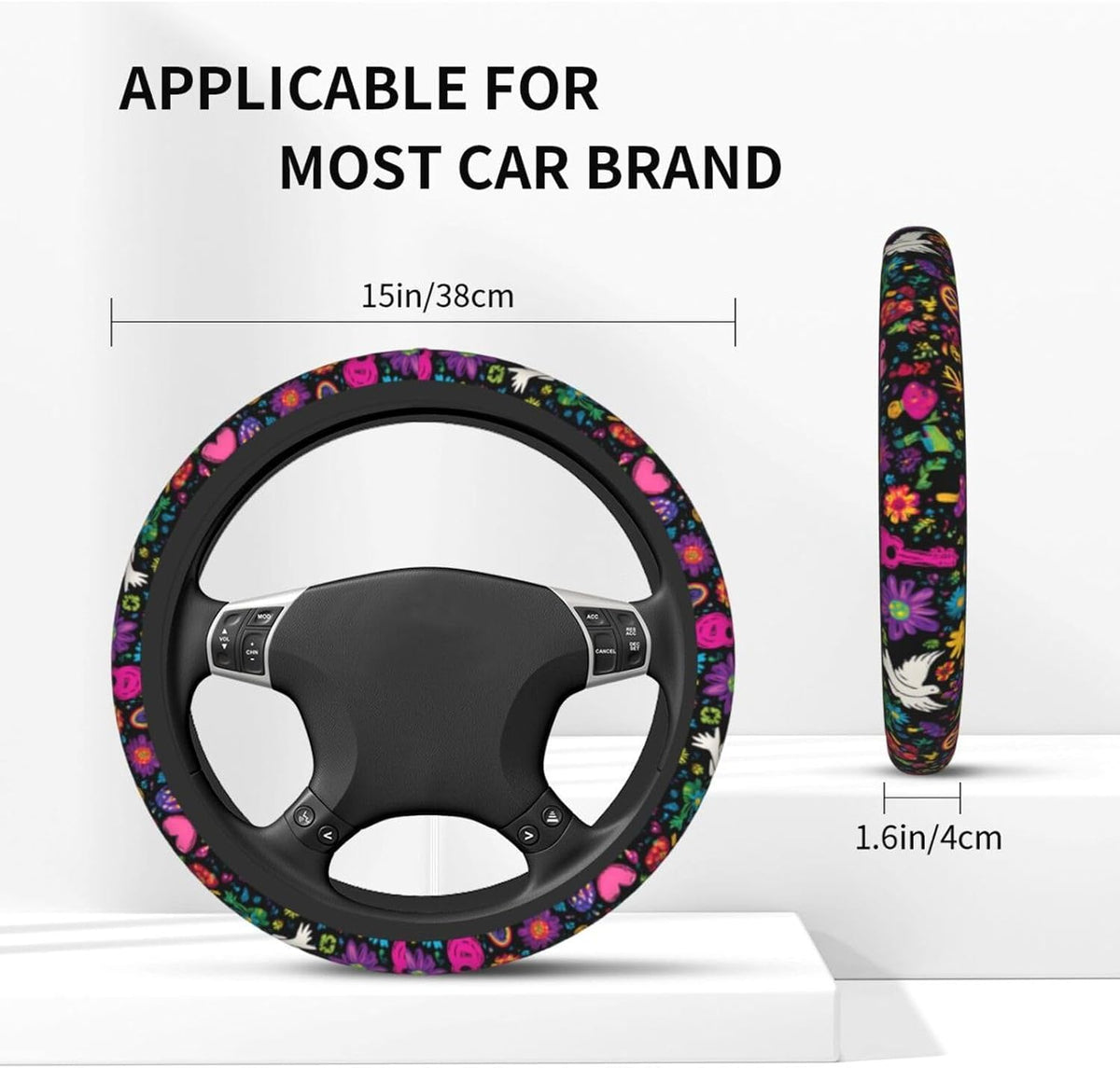 Retro Flower Peace Rainbow Love Steering Wheel Cover Elastic Non-Slip Car Steering Wheel Covers with Seat Belt Shoulder Pad for Women Men