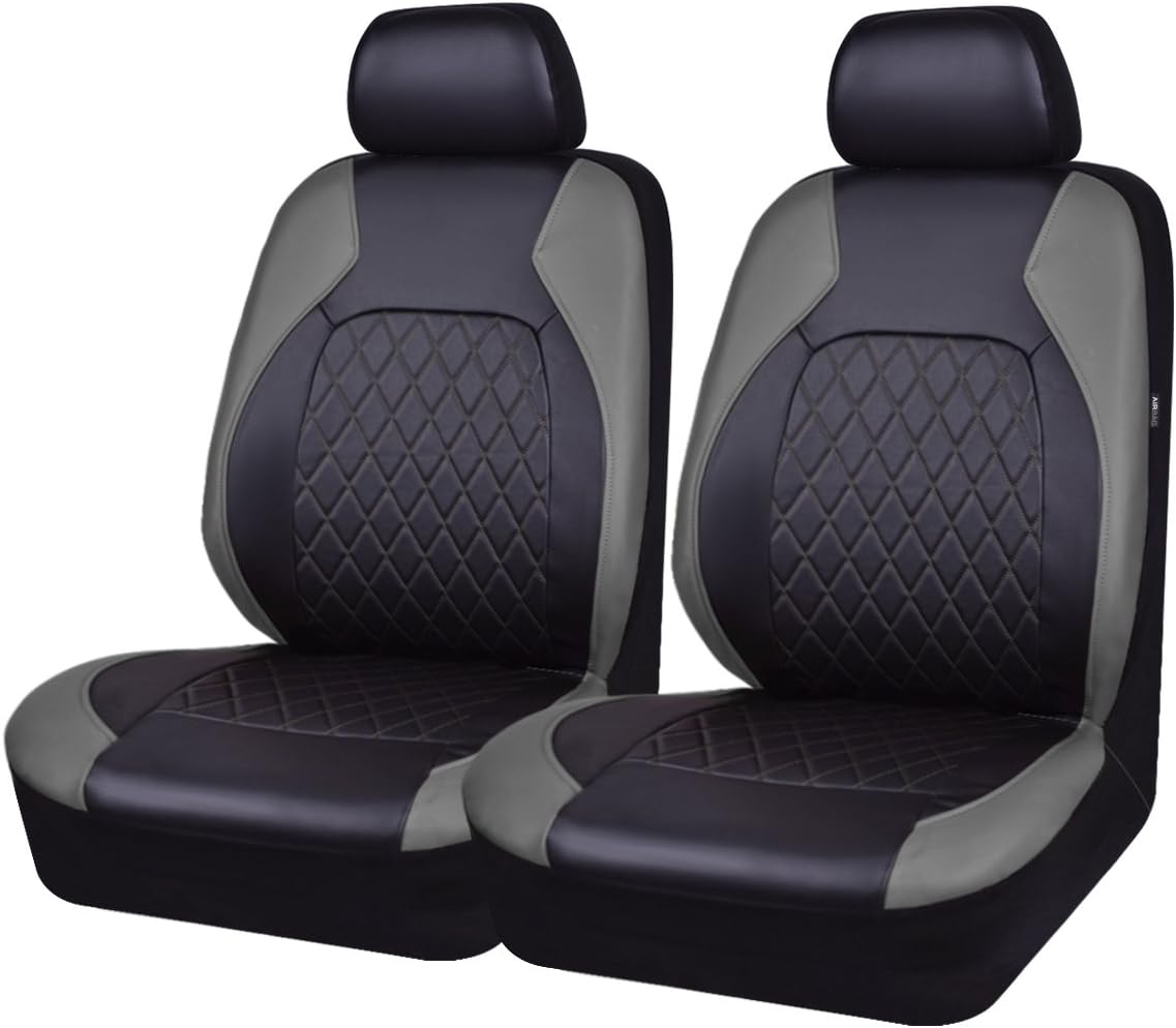 Deluxe Pu Luxury Leather Two Front Car Seat Covers, Waterproof Faux Leather Automotive Seat Covers 6 Pieces Airbag Compatible Universal Fit for Most Sedans SUVs Vans (Black and Grey)