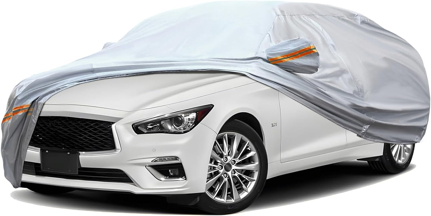 TUCAREST 6 Layers Full Car Cover for Sedan/Wagon/Coupe/Hatchback - Waterproof, Insulated, Anti-UV, Snow-Proof, Anti-Wind, All-Weather, Thickened Protection, up to 191 in