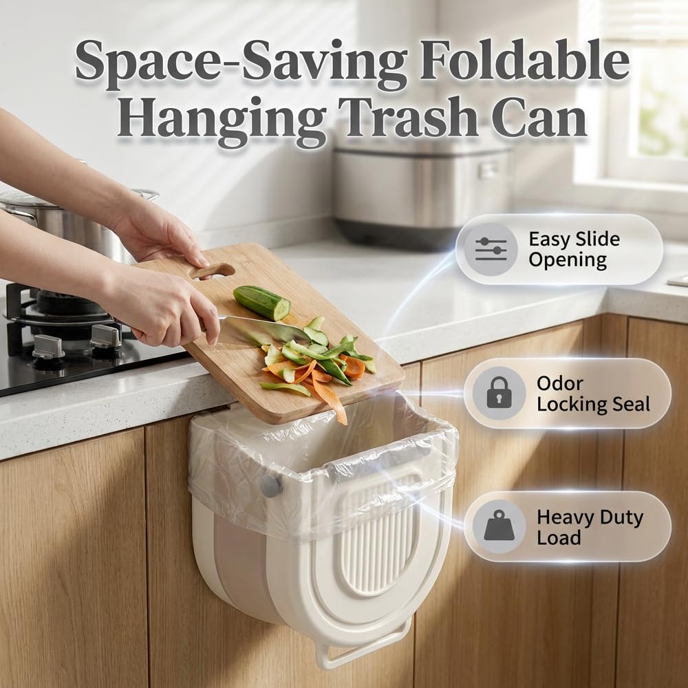 Multipurpose Hanging Collapsible Trash Can，Gray：8.5*8.7*4.9in-1.84Gal