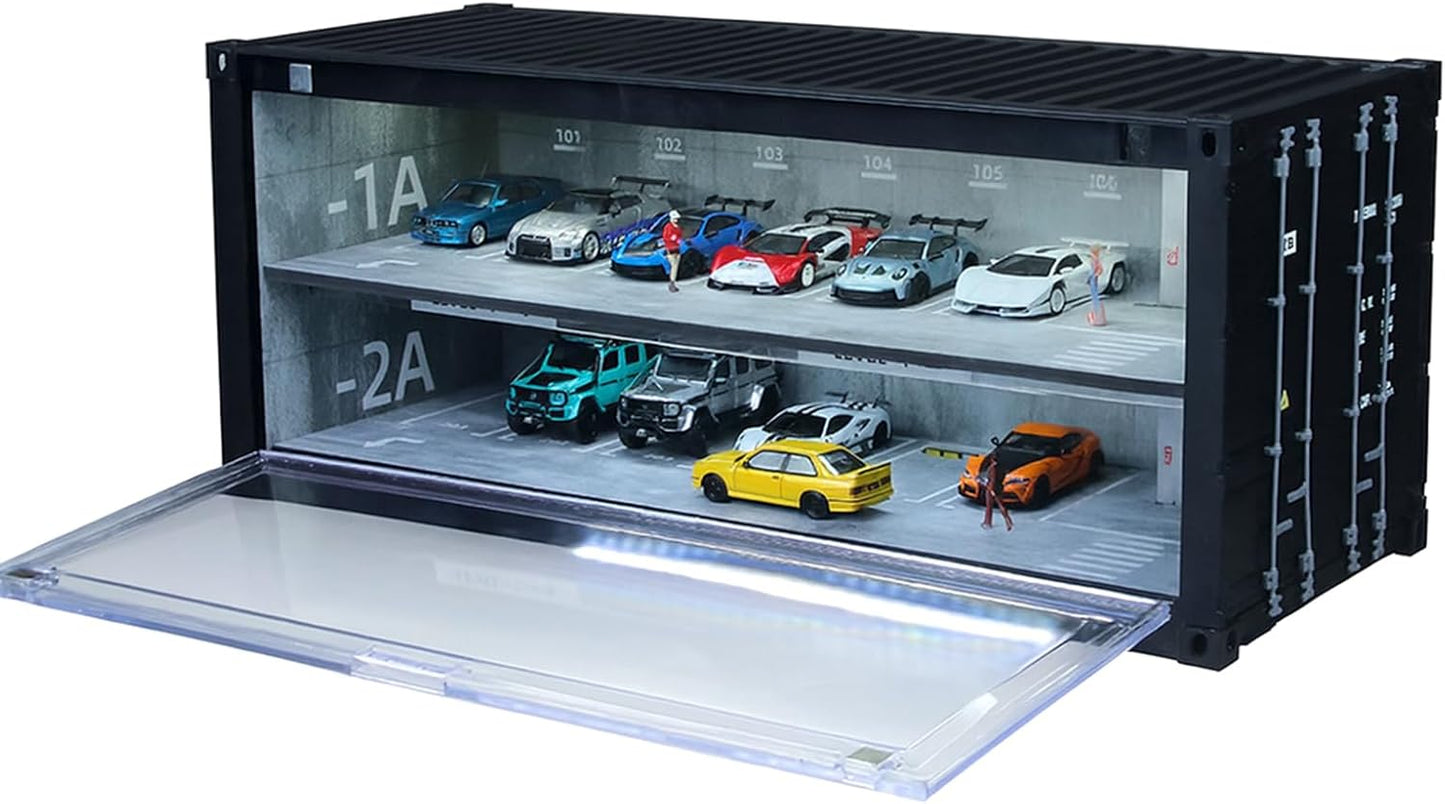 1/64 Scale Display Case with LED Light–Container Box Style Garage Diorama | Compatible with Hot Wheels Matchbox Mini GT Diecast Cars and Storage Stackable, for Model Car and Figures Display